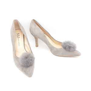 Neiman Marcus pumps grey suede fine leather pompom pointy toe slip on women sz 7